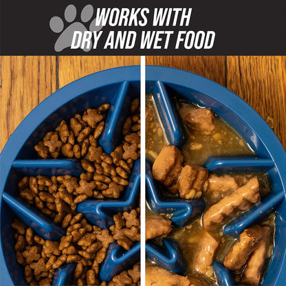 Slow Feeder Dog Bowl (2 Cup Capacity) - Puzzle Design with Feeder Holes, Compatible with Elevated Pet Feeders, Promotes Slow Eating for All Breeds - Blue