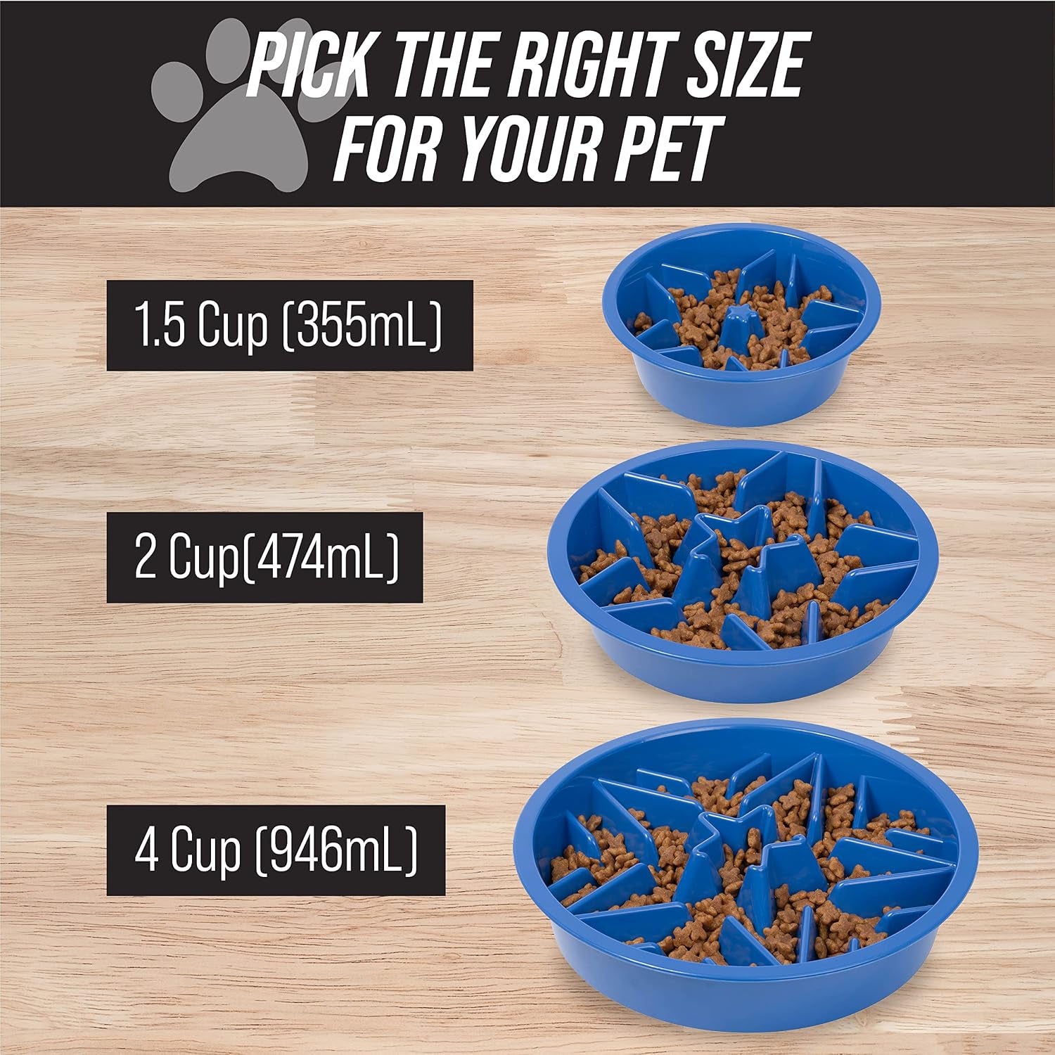 Slow Feeder Dog Bowl (2 Cup Capacity) - Puzzle Design with Feeder Holes, Compatible with Elevated Pet Feeders, Promotes Slow Eating for All Breeds - Blue