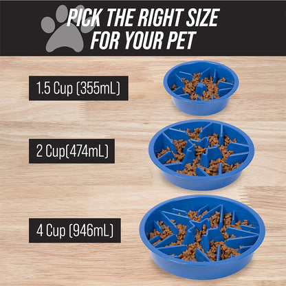 Slow Feeder Dog Bowl (2 Cup Capacity) - Puzzle Design with Feeder Holes, Compatible with Elevated Pet Feeders, Promotes Slow Eating for All Breeds - Blue